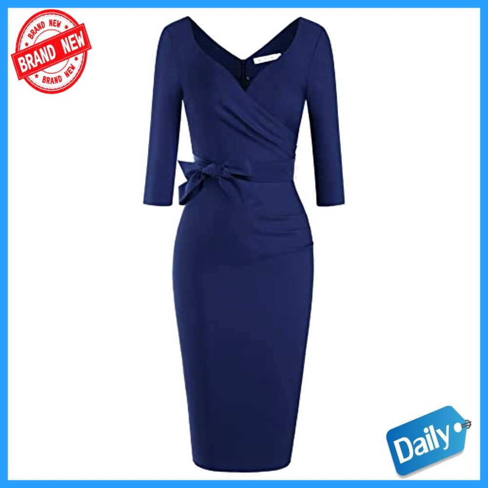 Vintage Faux Wrap V Neck 3/4 Sleeve Formal Classic Party Work Dress with Belt - Picture 4 of 7